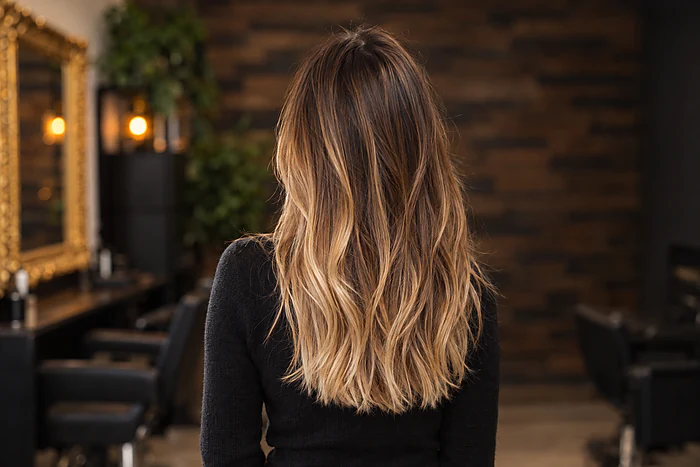 Résultat d'un foilyage : racine foncée fondue vers des longueurs blond doré lumineuses